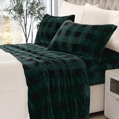 Elegant Comfort Luxuriously Soft 4-Piece Velvet Plush Flannel Sheet Set - Premium Quality - Cozy Warm, Anti-Static, Non Pilling Fuzzy Velvet Flannel Fleece Deep Pocket Sheet Set - Full, Buffalo Green