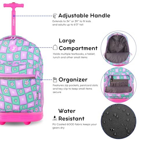 Image of J World Sunrise Kids Rolling Backpack with Wheels for Girls Boys, Roller Bookbag for School, 18 x 13 x 9 Inches, Puffy Flower