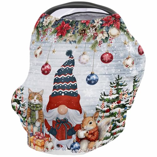 Nursing Cover for Breastfeeding Scarf, Merry Christmas Gnomes Poinsettia Xmas Tree Cat Baby Car Covers Super Soft Multi Use for Canopy Shopping Cart Cover Blanket Stroller Cover