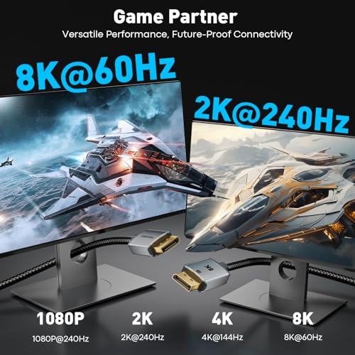 UANTIN 8K DisplayPort Cable 1.4, VESA Certified 3FT High-Speed Braided DP Cord [8K@60Hz, 4K@144Hz, 2K@240Hz] 32.4Gbps/HDR/HBR3/FreeSync/G-Sync, Display Port Cable for Gaming Monitor