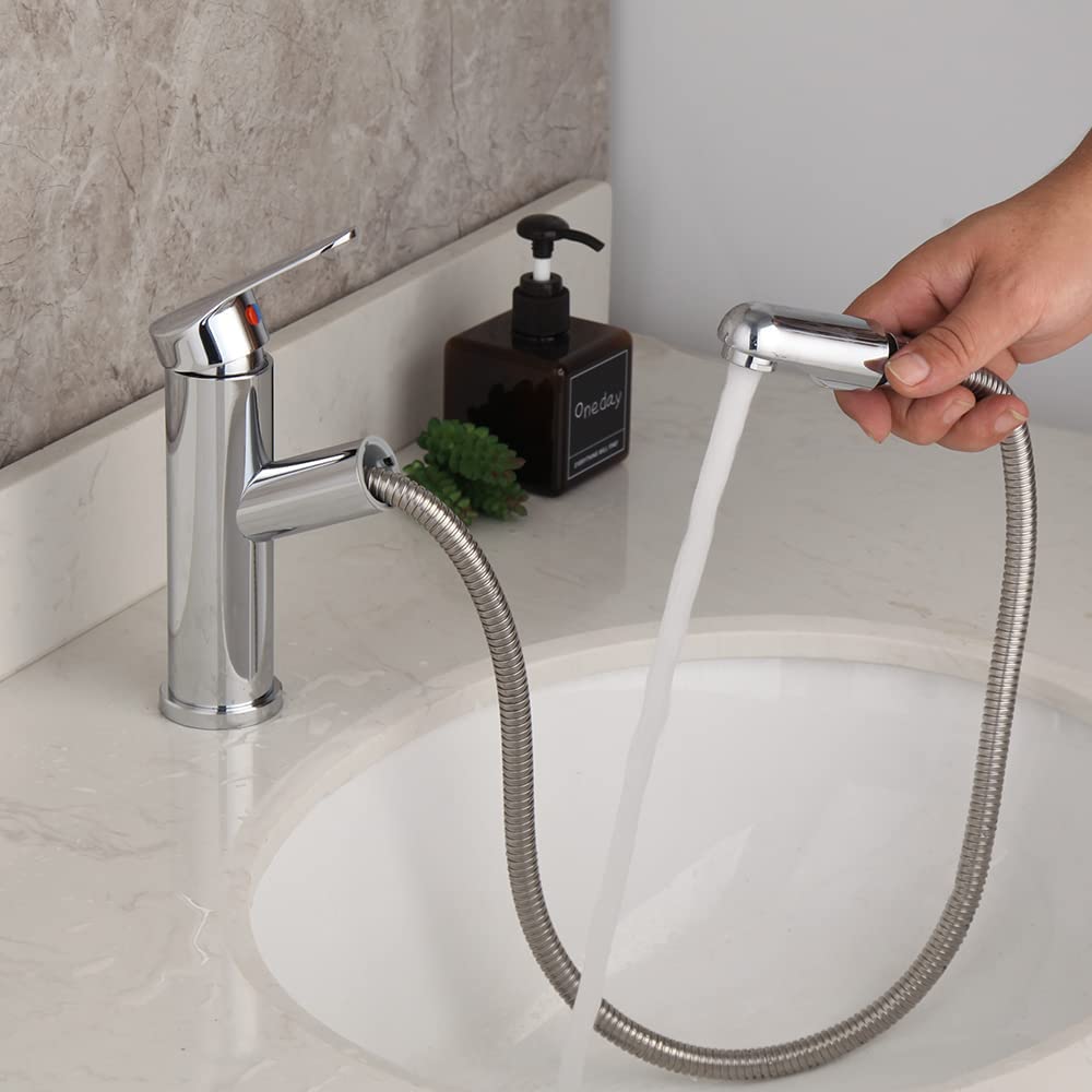 YI Faut Bathroom Sink Faucet, Single Hole Single Handle Chrome Bathroom Faucet, Vessel Sink Faucet with Pull-Out Sprayer