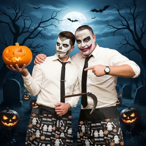 Image of BOHARERS Waitress Aprons With 3 Pockets Halloween Aprons for Servers,Ghost Black Waist Aprons for Women - Halloween Decorations