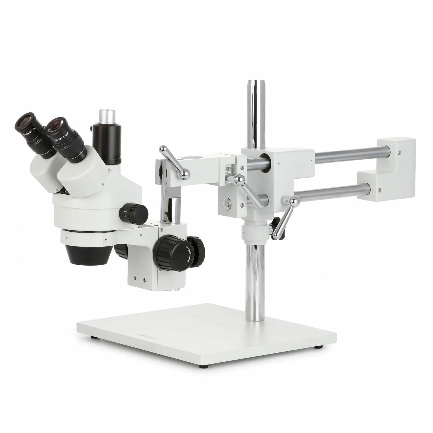 SM-4TPZ Professional Trinocular Stereo Zoom Microscope with Simultaneous Focus Control, WH10x Eyepieces, 3.5X-90X Magnification, 0.7X-4.5X Zoom Objective, Ambient Lighting, Double-Arm Boom Stand, Includes 0.5X and 2.0X Barlow Lens
