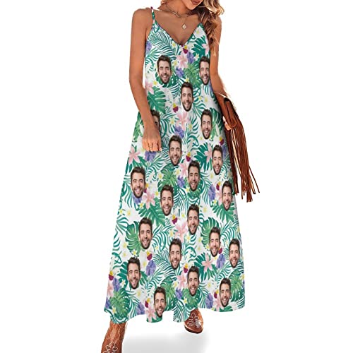 Womens Custom Face Long Dress Personalized Photo Gift Sling and Ankle V-Neck Sexy Gentle Beach,Street