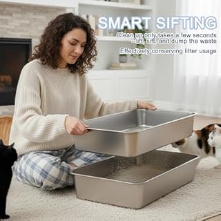 Teheao Stainless Steel Sifting Cat Litter Box for Clumping Litter, Kitty Large Metal Sifter Tray Pan with Cat Litter Bag, Low Dust, Odor Control, Easy Cleaning (45 * 35 * 15)