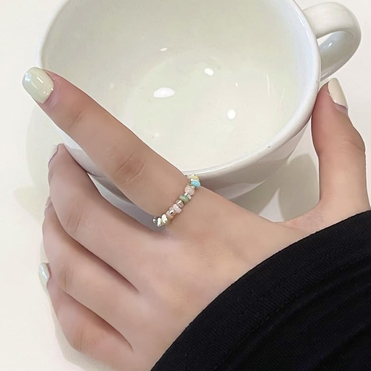 Boho Blue Bead Stretch Ring Beaded Stackable Ring Metal Bead Elastic Finger Ring Blue Bead Elastic Ring Handmade Stacking Ring Jewelry for Women - Image 2