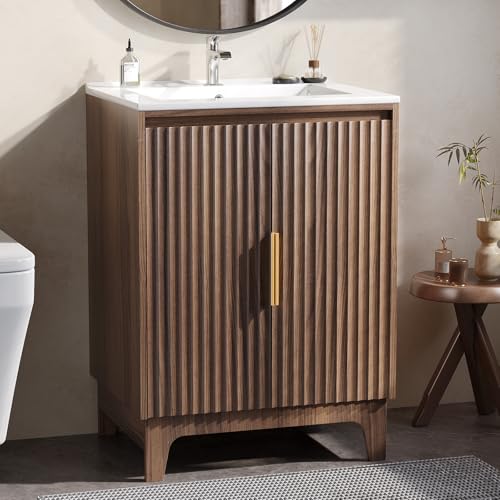 Bonnlo Meuble Lavabo avec Vasque en Céramique sur Pieds, Rangement Salle de Bain avec Portes & 2 Étagères en Couleur Noyer, 60 × 44.5 × 84 cm