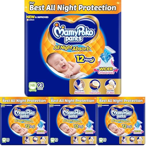 Image of Mamypoko pants All night absorb| Pant Style Baby Diapers New Born /X-Small, 93 Count, Ideal for upto 5Kgs|1 Diaper: Upto All night Absorption|Wider Crisscross Sheet|12hr Leakage Protection (Pack of 4)