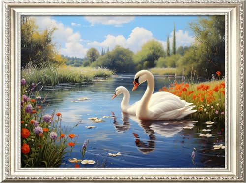 Image of Leczany Cross Stitch Stamped Kit for Adults - Two Swan Lakes | DIY Embroidery Starter Patterns Craft Kit Needlepoint for Beginner | 11CT, 3 Strands | 22.1x15.8 inches