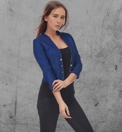 Image of WingzssWomen's Blue Cropped Blazer, 3 /4 Sleeves, Button Front, Formal Jacket