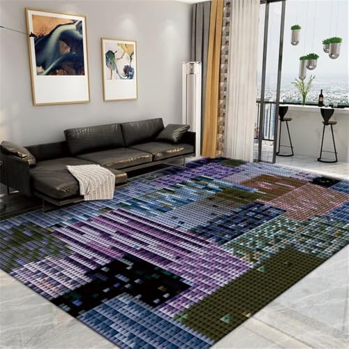 Tapis de salon 200x200cm lavable et moderne bleu pour deco de maison