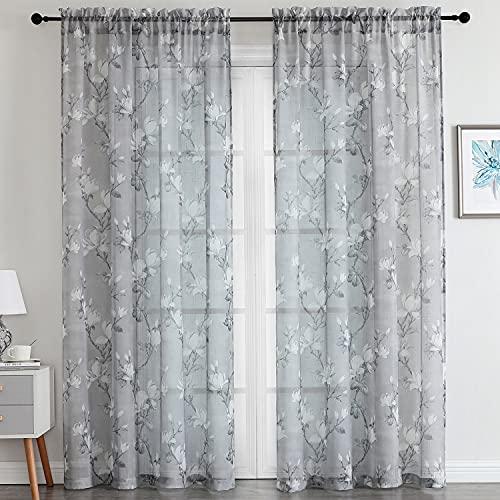 SMILE WEAVER Grey Floral Semi Sheer Curtains 54 Inch Rod Pocket 2 Panels