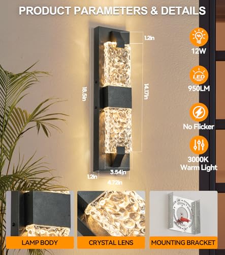 Image of Outdoor Wall Light, 12W 18.5 inch Dusk to Dawn Porch Lights, 2 Pack Black | IP65 Waterproof, Crystal Ripple Design, Oversize Modern Exterior Sconce, Hardwired,Auto On /Off,for House Garage Entryway