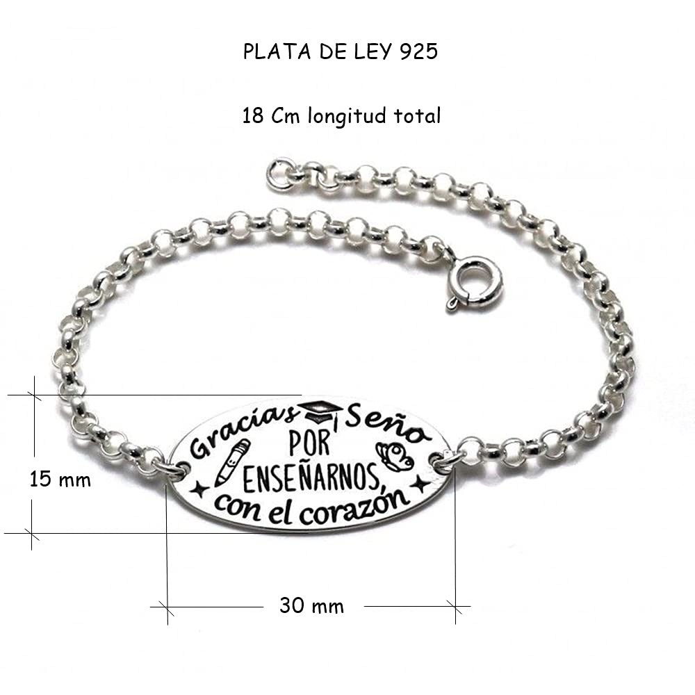 Pulsera de Plata con Mensaje para Regalar a profesoras Gracias seño por enseñarnos con el corazón Hacer maestras de guardería, Infantil o Primaria