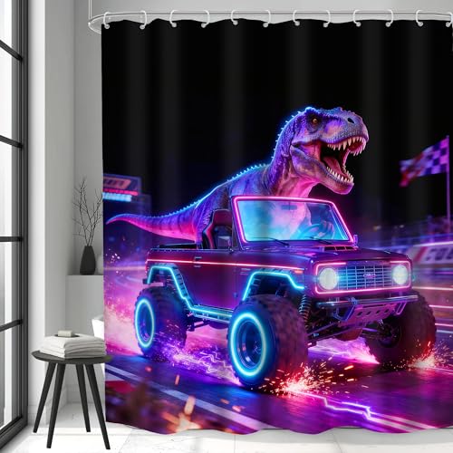Image of Neon Dinosaur Shower Curtain Bathroom Set 60Wx71H Inches Cool Kids Boys Cartoon Racing Car Funny Dino Colorful Wheels Bath Accessories Interesting Animal Art Home Decor Fabric 12 Pack Hooks