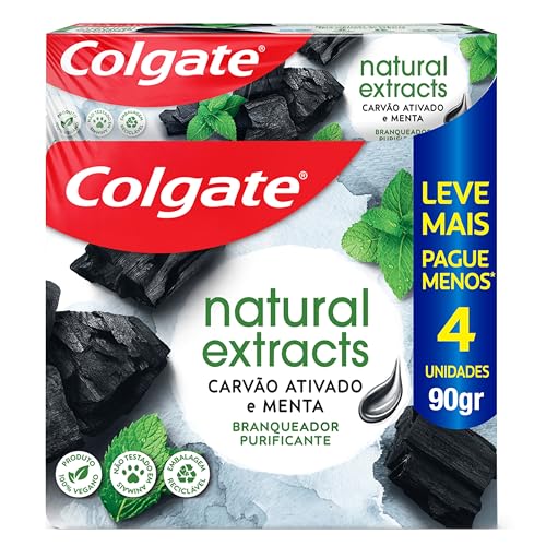 Colgate Creme Dental Clareador Natural Extracts Carvão Ativado 90g, 4 Unidades, Clareamento Dental com Extratos Naturais, Sorriso Mais Branco