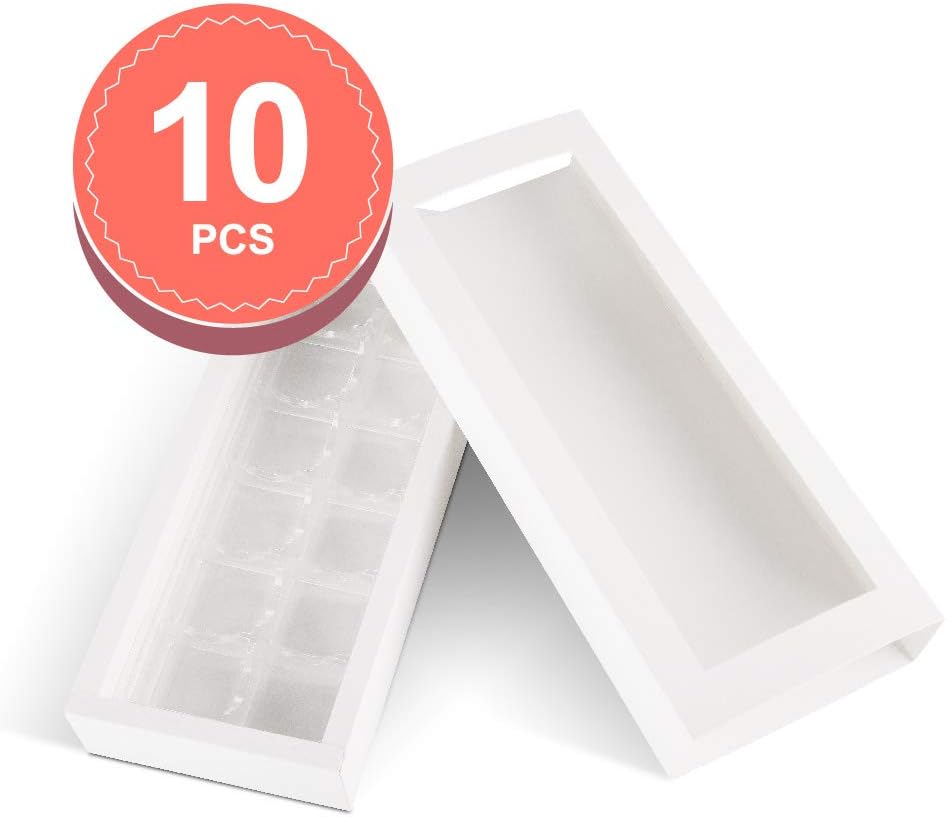 BAKIPACK 10 Truffle Boxes, Chocolate Gift Box, Candy Boxes with 12-Piece Plastics Tray Pull Out Packing with Clear Window Sleeves and Removable Tray（Tray Size with 8.75x2.75 Inches), White