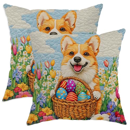 Image of Spring Easter Corgi Dog Cushion Cover Decorative Cushion Case Modern Throw Pillow Cover For Chair Living Room Party 45X45Cm Set Of 2