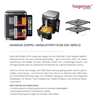 Hagenuk Premium Doppel-Heißluftfritteuse 2×5,5L mit Sichtfenster, 10 Programmen, Grill-Einsatz, Touchdisplay, Sync-Match-Funktion, 2800W, Modell DAF 2800.12 Designed in Germany