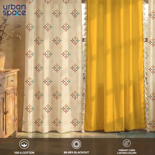 Image of Urban Space Floral 100% Cotton Curtains For Door, Combo Set Of 3 Curtains 7 Feet Long, 60-65% Room Darkening Curtain, Tieback & Eyelets Included With Curtains For Home Decor (Mosaic Yellow, 7 Feet)