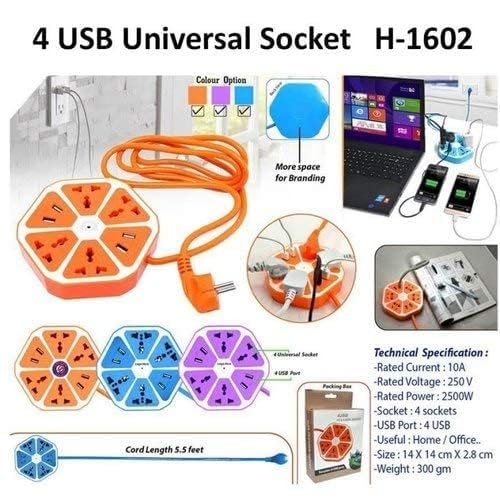 Image of Hexagon Multi Plug Extension Board with 4 USB Ports (2A) | Electrical Extension Cord Power Strip | Multi Socket Plug Point for Home, Office, Laptop & Mobile Charging