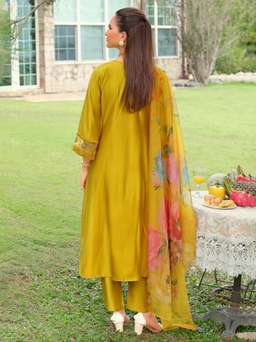 Image of INDO ERA Women's A-Line Cotton Blend Floral Embroidered Kurta & Pant With Dupatta Set (IEOUT11375)