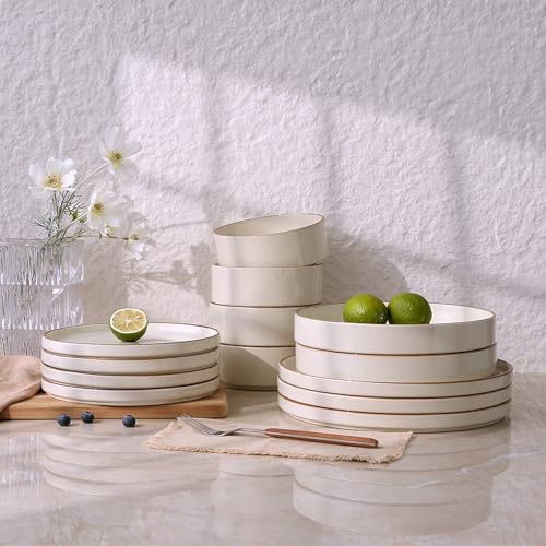 Image of Famiware Nebula Dinnerware Set, 16-Piece Stoneware Plates and Bowls with Pasta Bowls, Service for 4, Microwave & Dishwasher Safe, Vanilla White with Brown Rim