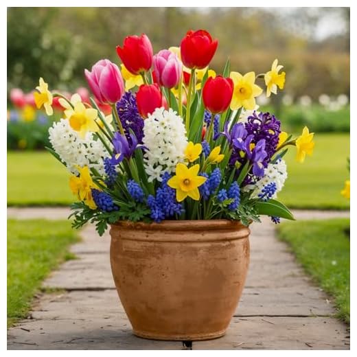 Collezione di bulbi per bordure primaverili (50 bulbi) mix esclusivo dall'Olanda, resistenti e perenni per giardino, vasi (grandi, senza semi, non artificiali) Tulipano-Narciso-Giacinto-Muscari