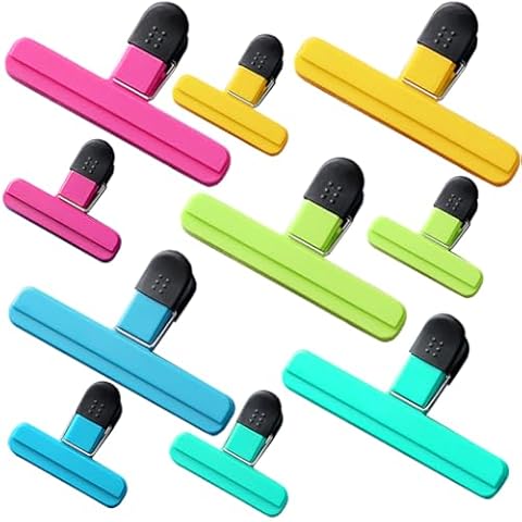 BamLue 10 Pack Bag Chip Clips, (Large+Small) Heavy Duty Reusable Bag Seal Clips with 5 Assorted Colors Food Storage Clamps Air Tight Seal Grip for Snacks Coffee Vegetables Fruit Cover