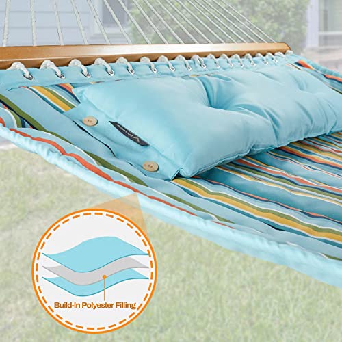 Image of CHULIM 12 FT Double Quilted Fabric Hammock with Spreader Bars and Pillow 450 LBS Weight Capacity 2 Person Hammock for Outdoor Patio Backyard Poolside Blue Stripes