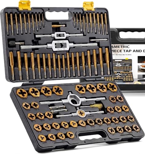 KJE 86PCS SAE & Metric Tap and Die Set (#4 to 5/8â€, M3 to M16), Tap Set and Die Tool Set, Coarse and Fine Threading Rethreading Tool Kit with Holders, Gauges, for Internal and External Threading