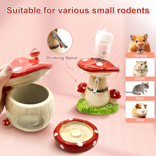 Mushroom Ceramic Hamster Hideout, Water Bottle with Stand, Food Bowl, Hamster Accessories (red) - Image 3