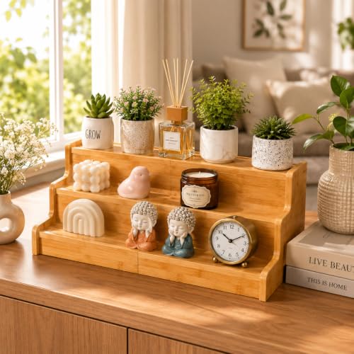 Image of Curated Cart Spice Rack Organizer for Kitchen, Wooden 3 Tier Expandable Rack, Adjustable Step Shelf for Countertop & Cabinets, Multi-Purpose Stand for Pantry & Cupboard (3 Tier Spice Rack - Expandable)