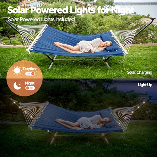 Image of SUNCREAT Patio Hammock with Stand, Solar Powered Lights, Backyard Hammock with Stand for Outside, Navy