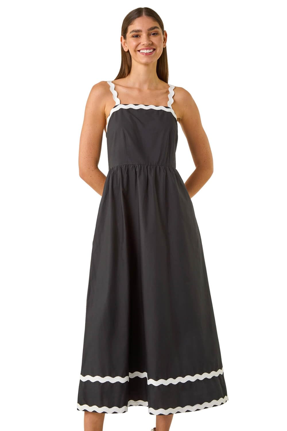 Roman Originals Women's Black Contrast Ric Rac Midi Dress For Uk - Everyday Holiday Spring Summer Square Neckline Comfy Soft Evening Vacation Work Party - Size 18
