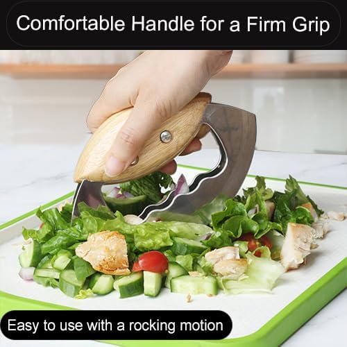 Miniatura 3 de Jawanfu Salad Chopper, Double Balde, Ultra Sharp Mezzaluna Mincing Knife for Chopped Salad, Easy Chopping Wood Handle Salad Cutter for Salad Bowl,