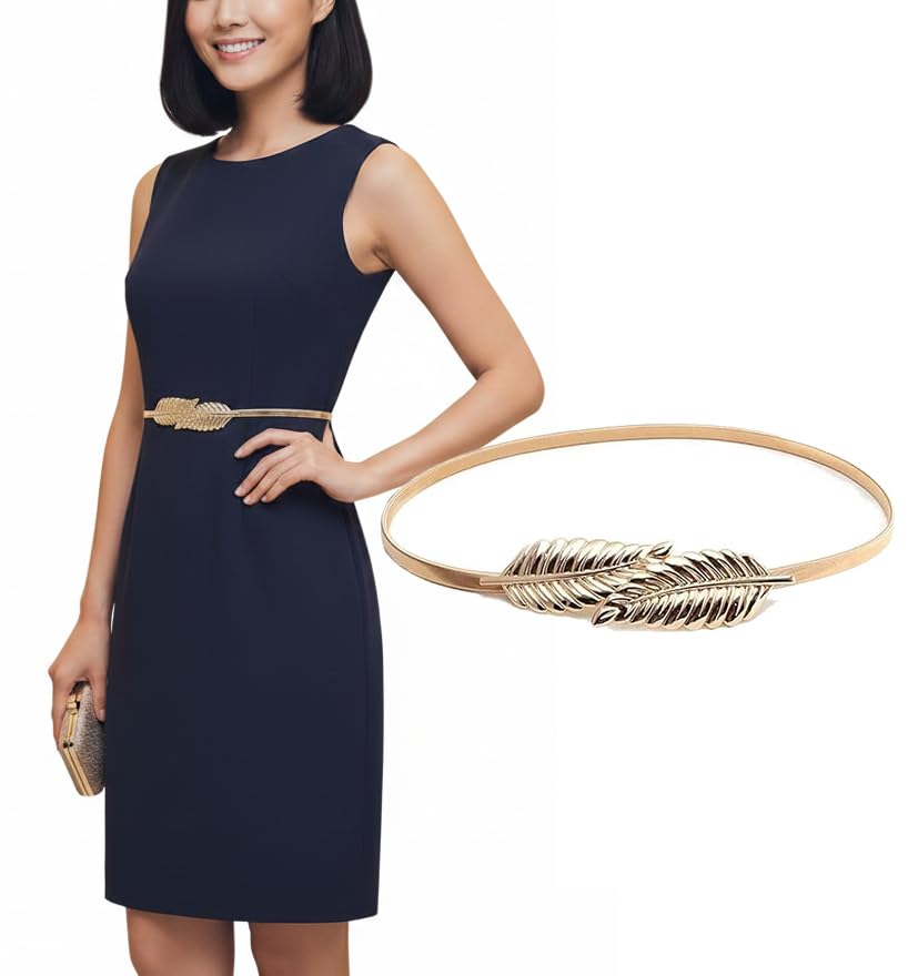 wildhorn Women’s Elegant Gold Leaf Metal Ladies Waist Chain Belt | Adjustable Stretch Belt with Feather Buckle | Fashion Cinch Belt for Dresses, Saree & Gowns-picture-20