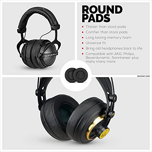 Brainwavz Round Replacement Memory Foam Earpads - Suitable For Many Other Large Over The Ear Headphones - Sennheiser, Akg, Hifiman, Ath, Philips, Fostex, Sony (Black) #TOP3