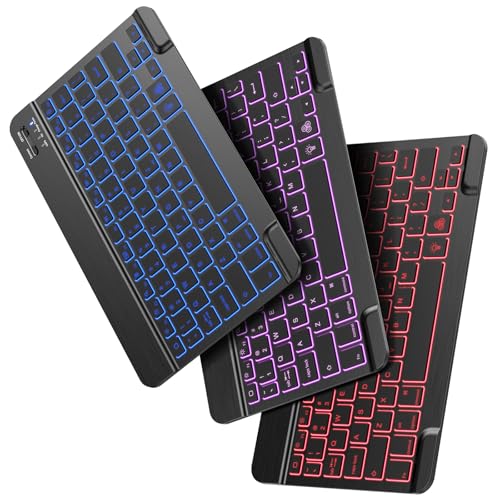 OMOTON Bluetooth Tastatur für iOS/Android/Windows mit Telefonhalter, iPad Tastatur mit Hintergrundbeleuchtung, Wiederaufladbar, QWERTZ, Vergrößerte Tastenkappen, Ultra-dünn (Dunkel)