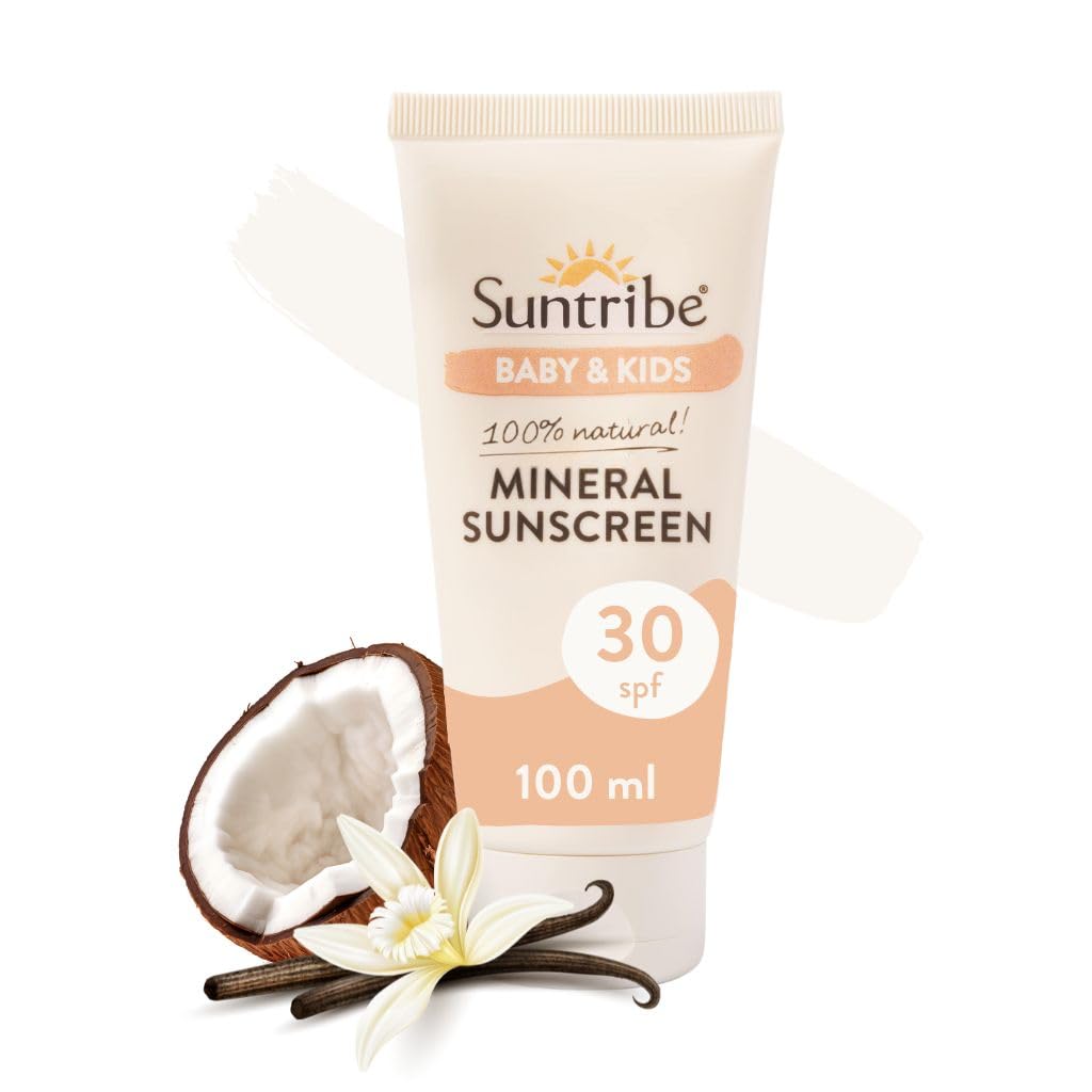 Suntribe Natural Baby & Kids Mineral Sunscreen SPF 30-100 ml, Organic, Perfume Free - 100% Natural & Reef Safe, Non-Nano Zinc Oxide, Water Resistant - “Best Mineral Sunscreen 2022” (The Independent)