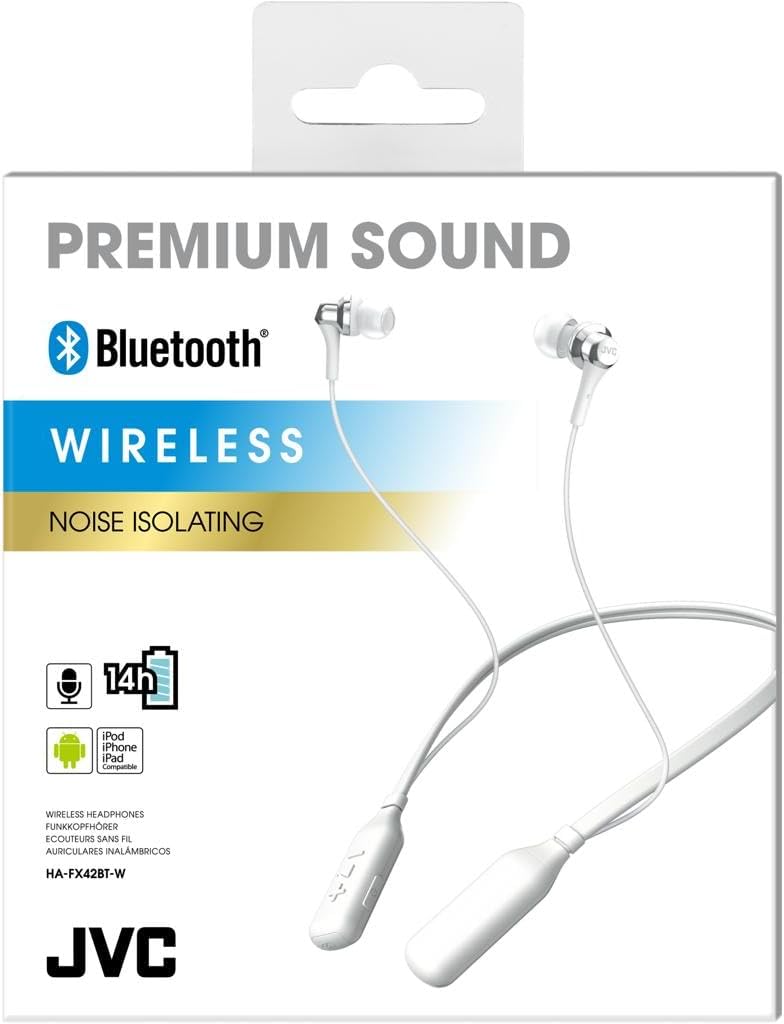 JVC HAFX42BTWE Premium Sound Wireless Bluetooth Earphones with Neck Band Support White