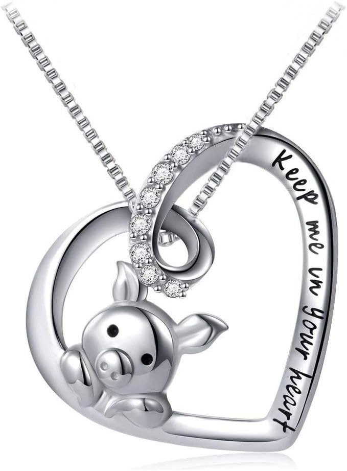 IMINICute Little Pig Sterling Silver Crystal Pendant Necklaces for Women Girl Keep Me in Your Heart Promise Love Engagement Statement Fashion Jewelry Gift Wife Girlfriend Pet Lover Birthday Valentine's Day