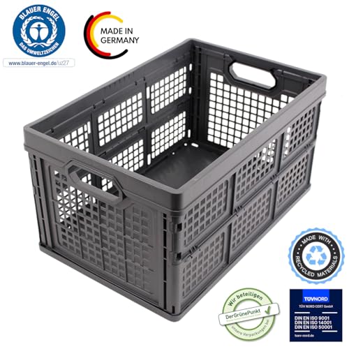 DieKlappbox - Stabile Einkaufsbox klappbar, Klappbox 45L, 60% Recycling-Plastik, Made in Germany, TÜV, verstärkter Boden, 52,5x34,5x28 cm, Dunkelgrau