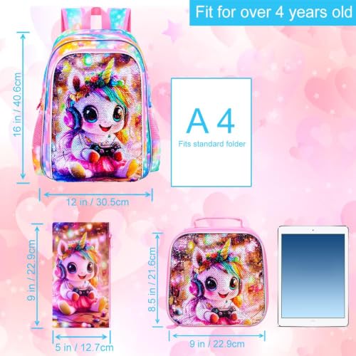 Image of 3Pcs Unicorn Backpack for Girls, 16 inch Kids Sequin Bookbag with Lunch Box, Cute Water Resistant Schoolbag for Preschool Kindergarten Toddler(Pink)