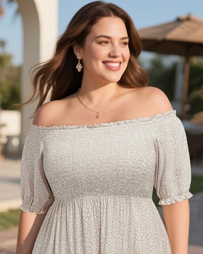 Image of Plus Size Summer Dresses Sun - Maxi Boho Casual Off Shoulder Floral Lace Long Dress with Pockets