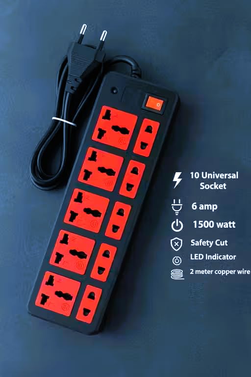 Image of Multi-Plug Extension Board with 10 Sockets, 2.5 Meter Cable, Master Switch, for TV, Laptop, Printer, Projector