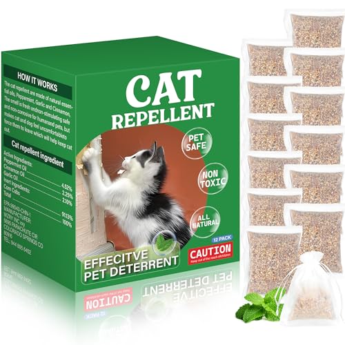 12 Pack Cat Repellent for Indoor Outdoor, Natural Peppermint Garlic Cat Repellent Pouches to Keep Cat Dog Away from Indoor Furniture, Plant, Yard