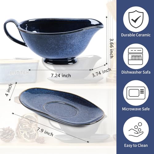 Vicrays Gravy Boat with Saucer - Large 17oz Ceramic Sauce Boat with Tray Set of 2 for Turkey Salad Dressings Creamer Milk Broth - Thanksgiving Christmas Holiday Serving Dishes - Blue - Thumbnail 4