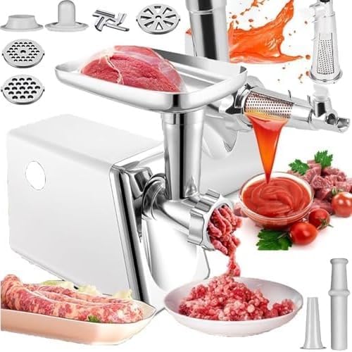 Electric Meat Grinder with Tomato Strainer, Multifunctional Mincer Machine, Includes Sausage & Kubbe Kit, 3 Grinding Plates, Easy to Clean, Ideal for Home Kitchen Use