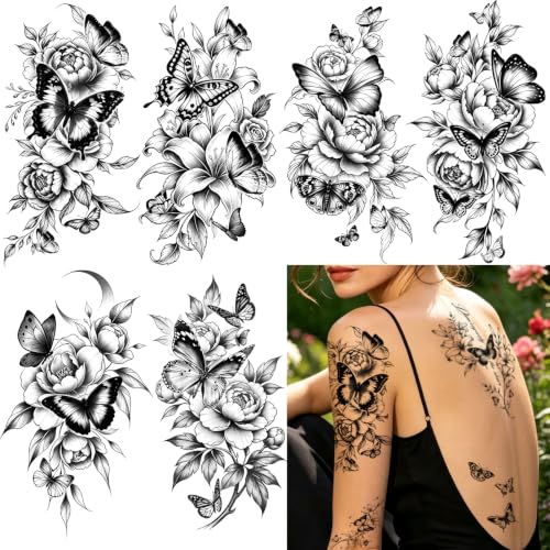 23PCS Flower Butterfly Temporary Tattoos for Women Hands Body Art